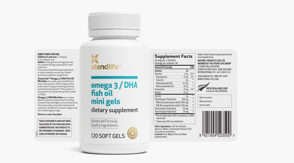 The nutritional label for Omega 3/DHA Fish Oil Mini Gels